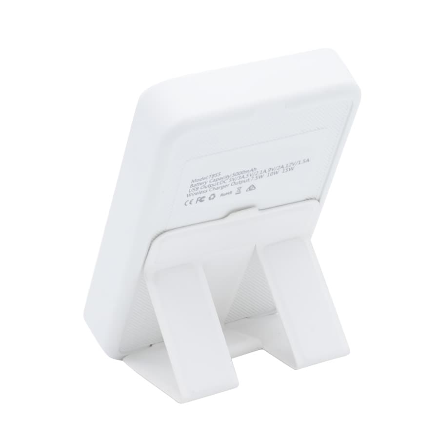 A white power bank with a stand, featuring a logo and wireless charging capability.