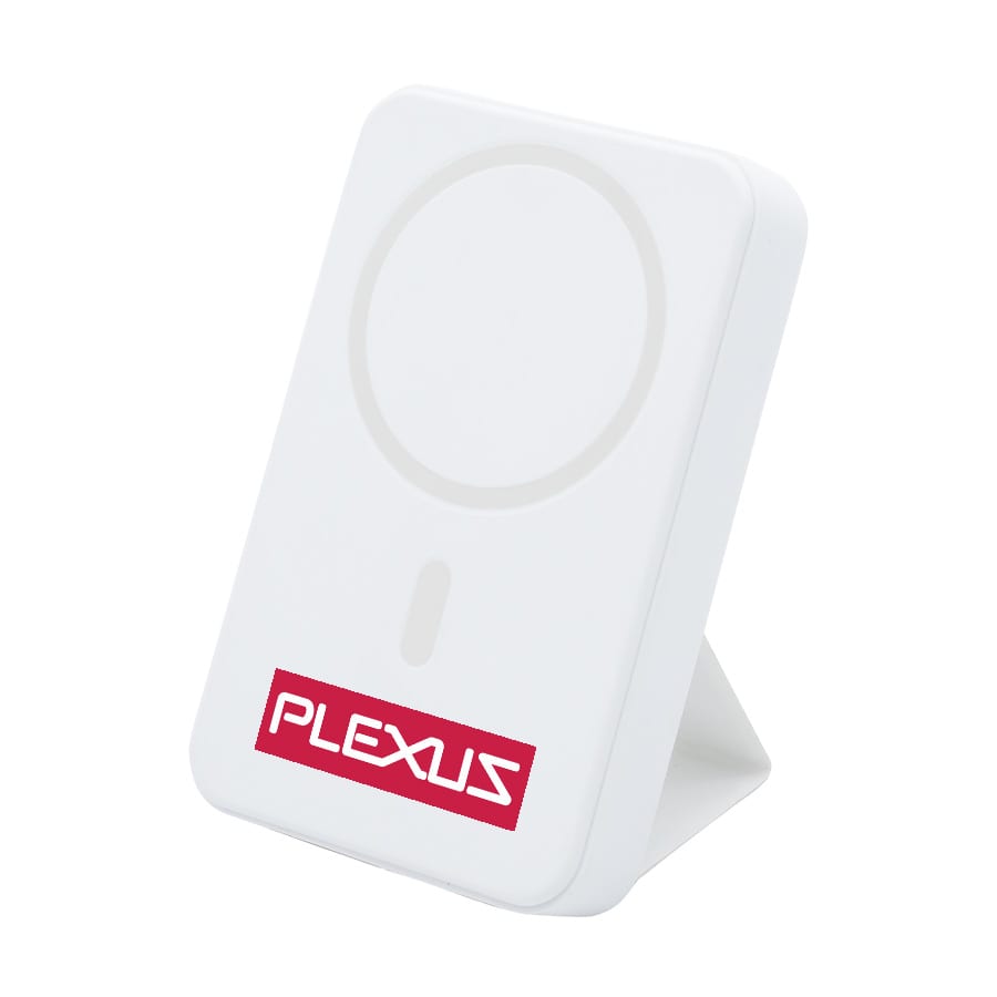 A white wireless charging power bank featuring a stand and a logo on the front.