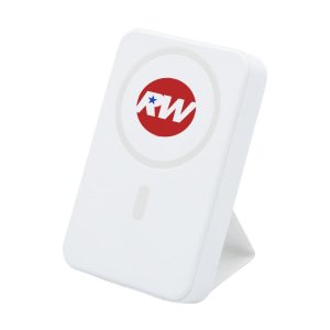 A white Turbo 5000mAh wireless charging power bank with a branded logo and a stand for support.