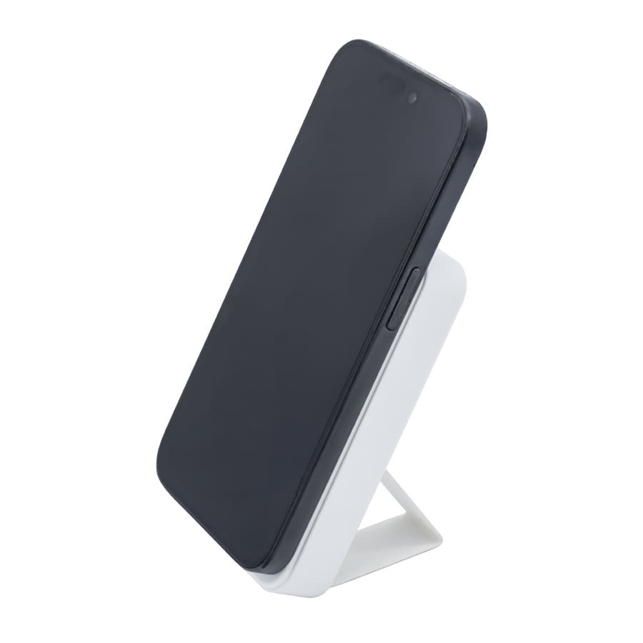 A black wireless charging power bank with a white stand, designed for convenience and portability.