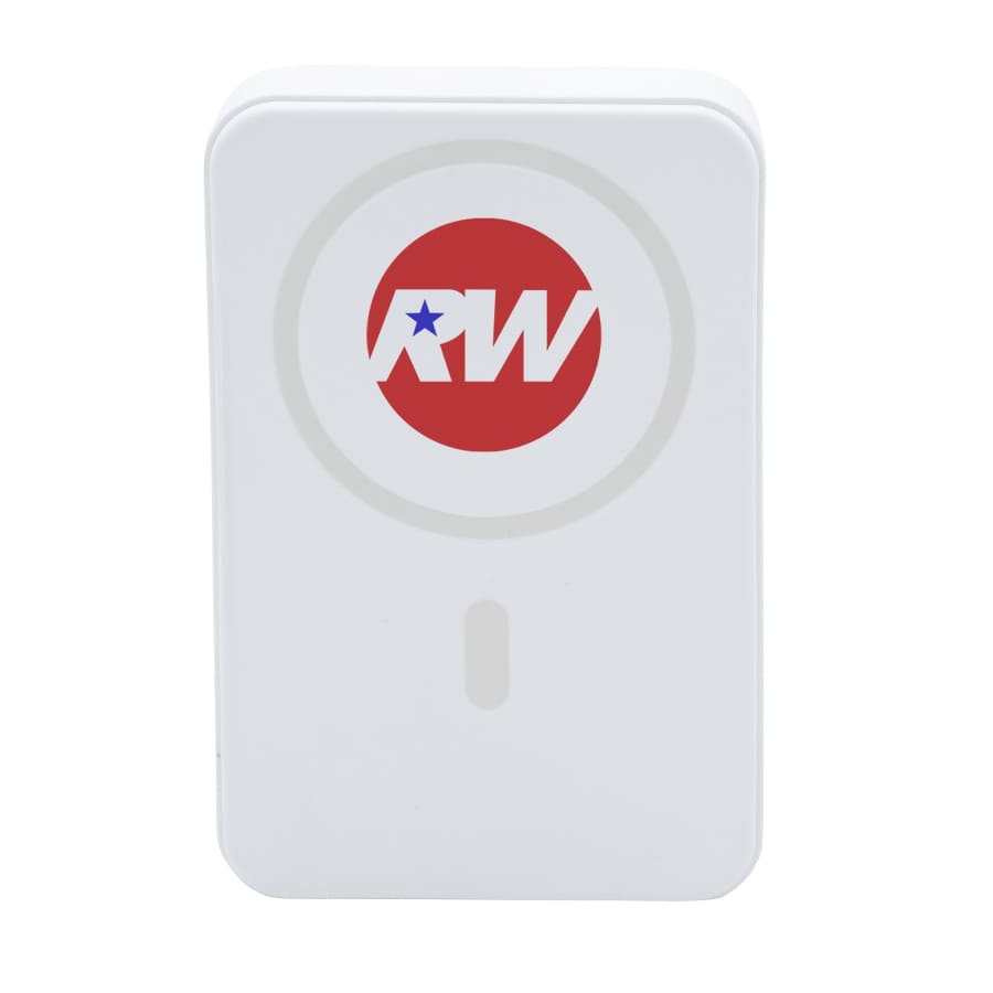 A white turbo 5000mAh wireless charging power bank with a circular logo on the front.