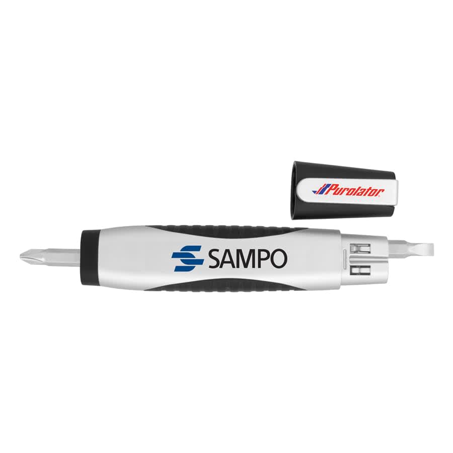 A flashlight tool kit with a level, featuring a silver and black screwdriver with a removable cap.