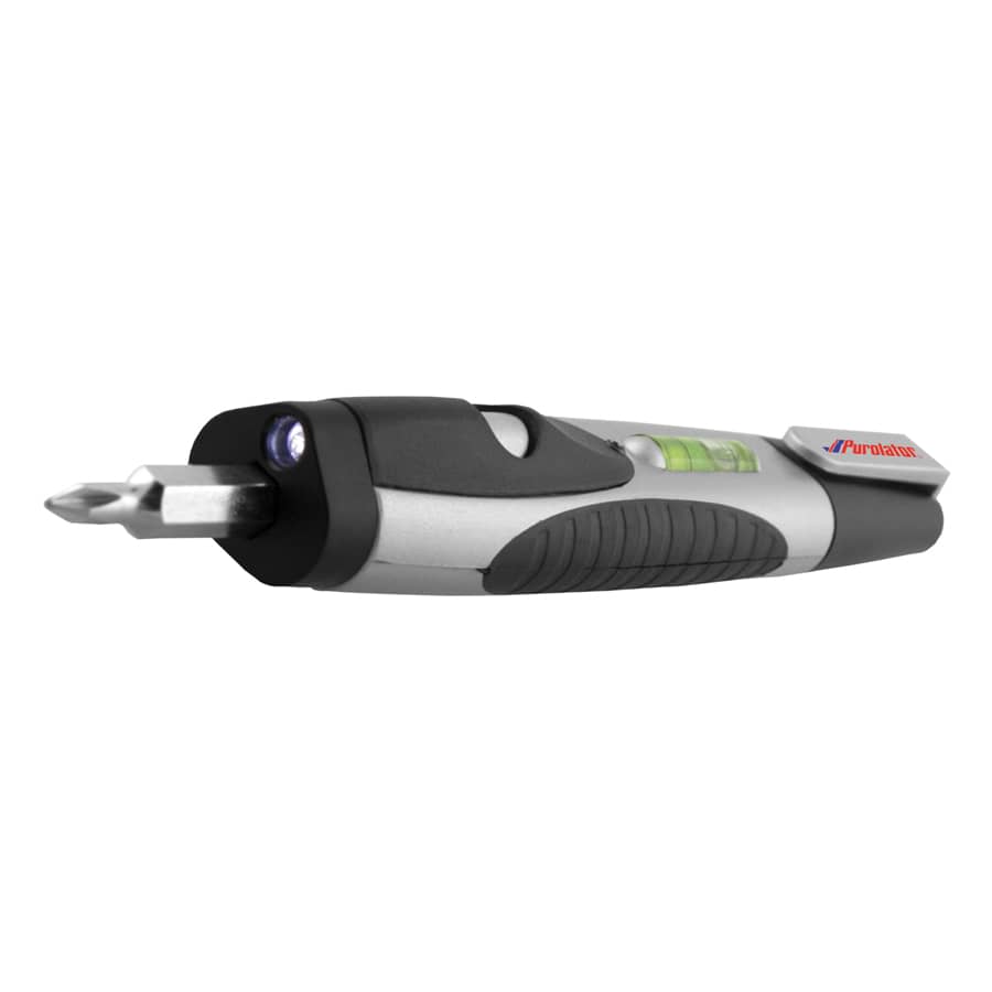 A flashlight tool kit in silver and black, featuring a level and a screwdriver tip. It includes a branding logo.