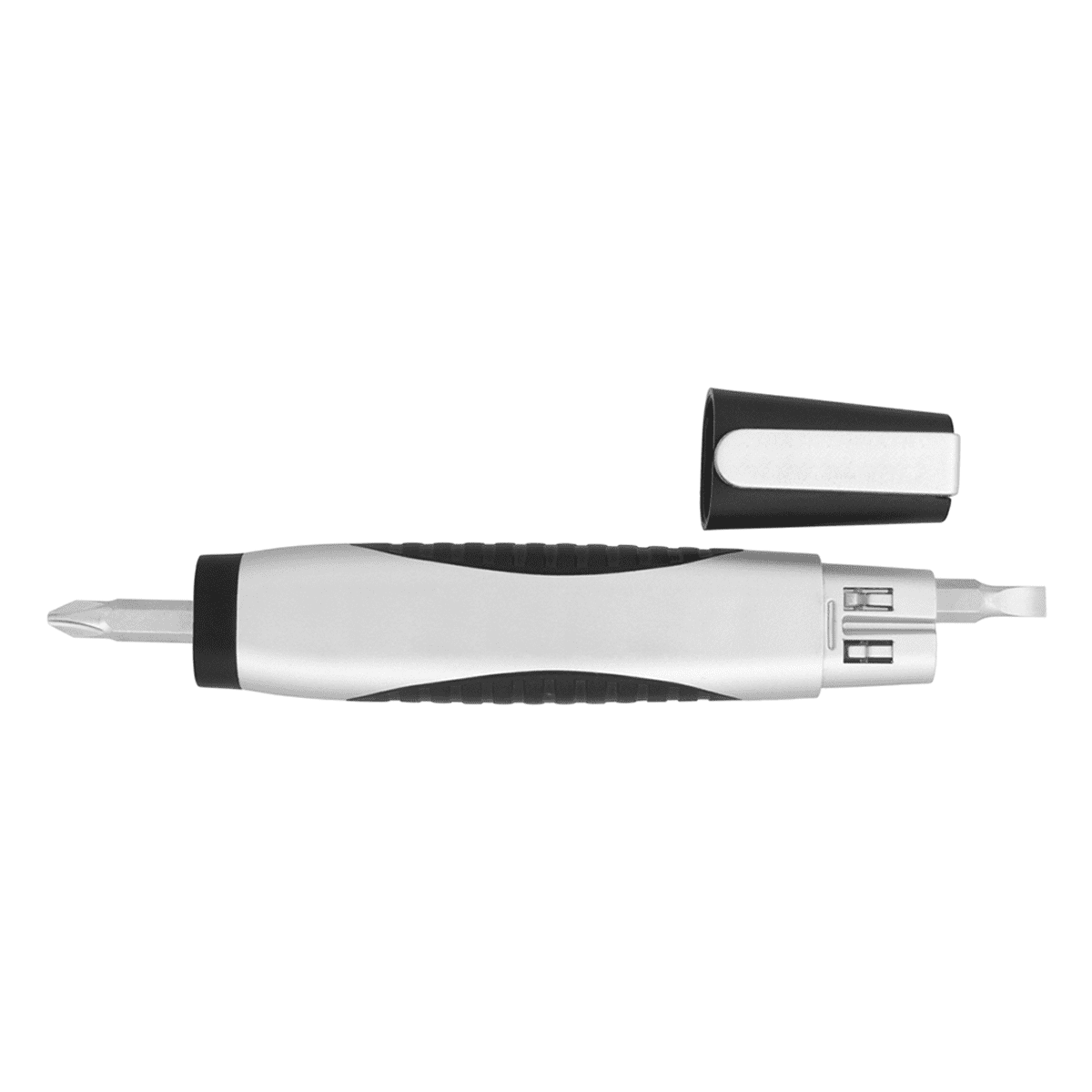 A silver and black flashlight tool kit with a level and removable cap, featuring a variety of tool attachments.