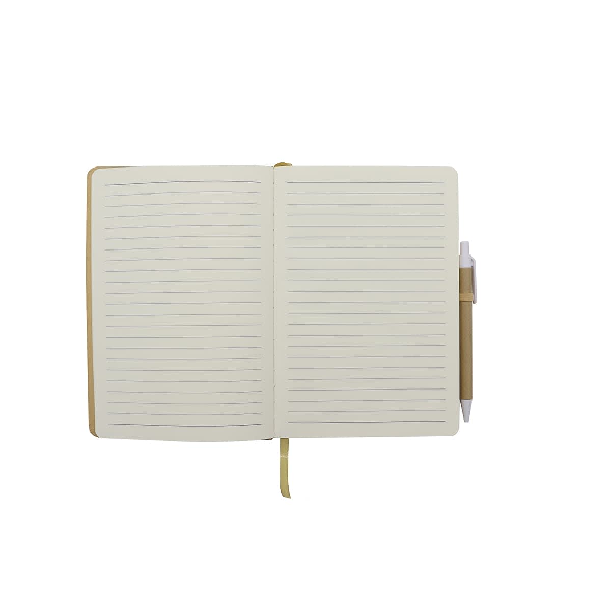 An A5 notebook with lined pages, a tan cover, and a matching pen. It has a ribbon bookmark and an elastic band.