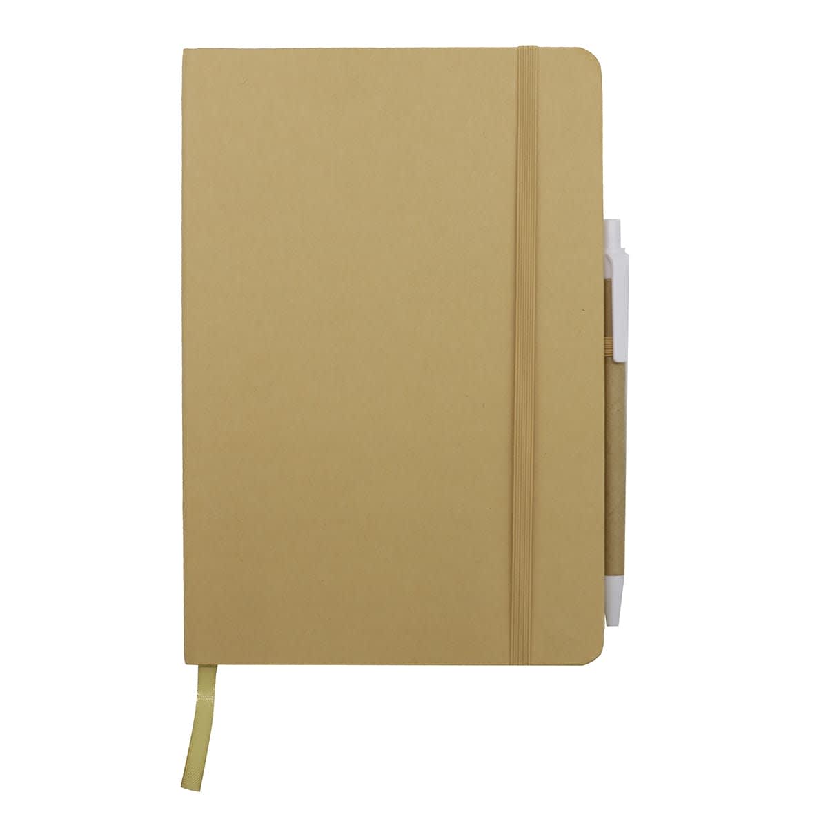 A brown A5 notebook with an elastic band and a pen attached, featuring a textured cover and a ribbon bookmark.