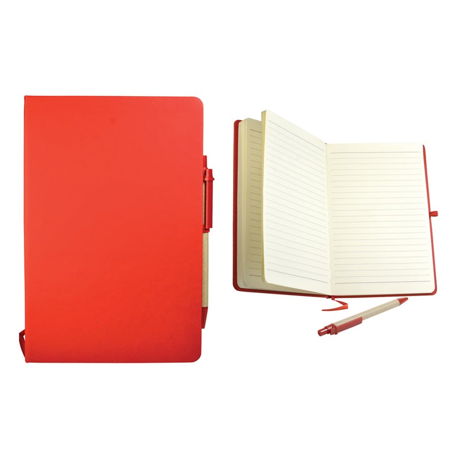 A red recycled notebook with a pen, featuring lined pages and a secure closure. Includes a brand logo on the cover.