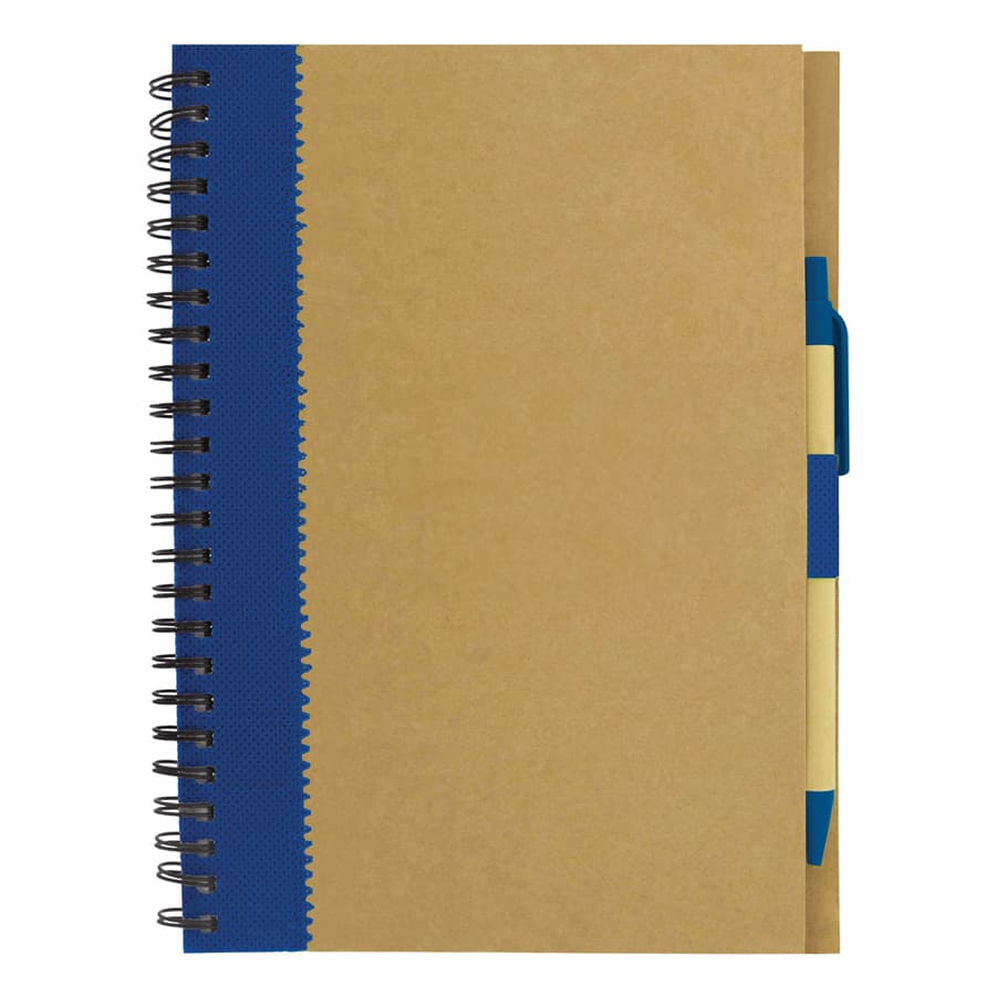 A recycled paper notebook in brown with a blue spiral binding and a blue pen attached.