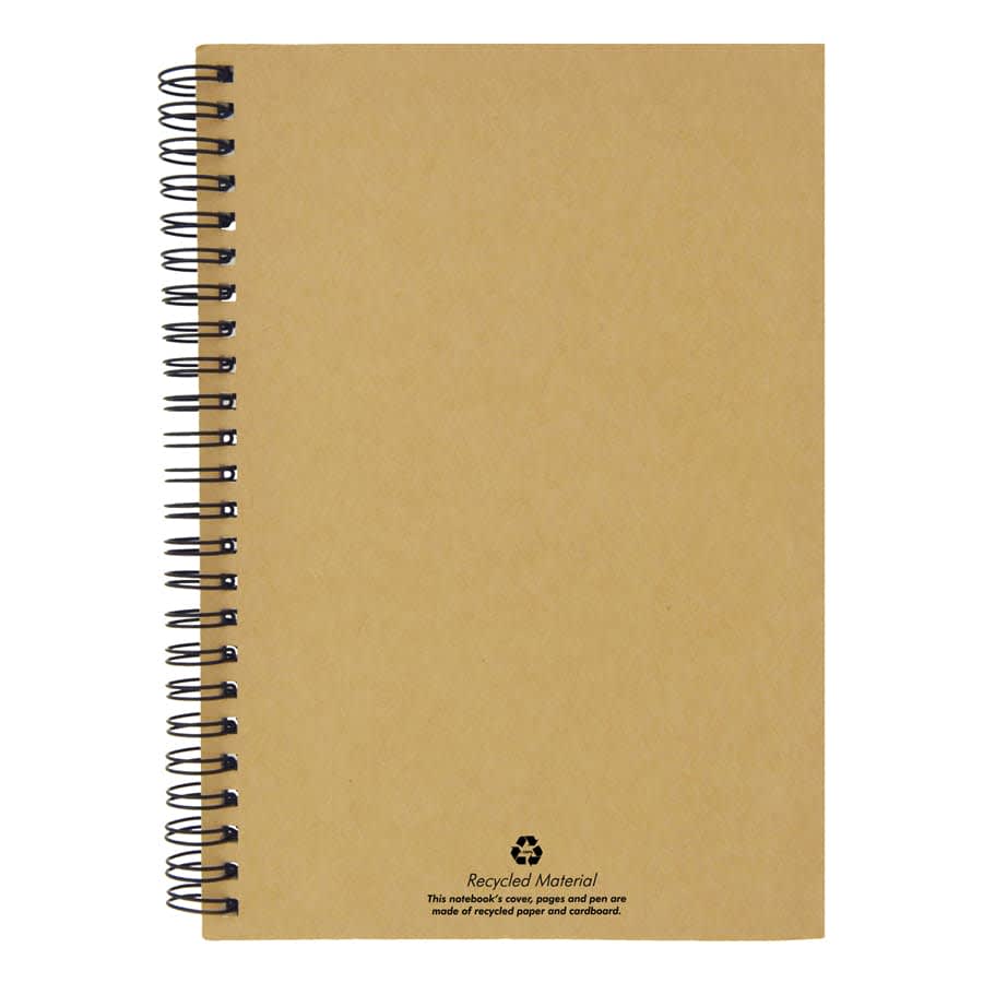 A recycled paper notebook with a brown cover and black spiral binding. The notebook features branding on the bottom.