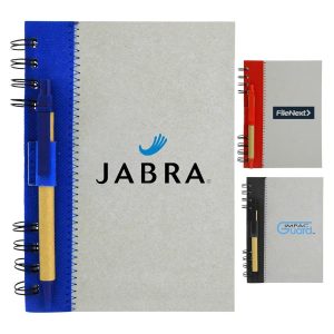 Recycled journal book with a grey cover and coloured spines, featuring a pen and a logo on the front.