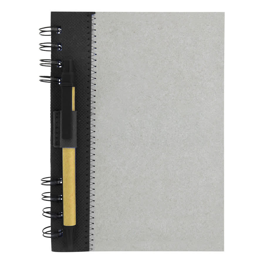 A recycled journal book in grey with a black spiral binding and a pen attached. It features branding on the cover.