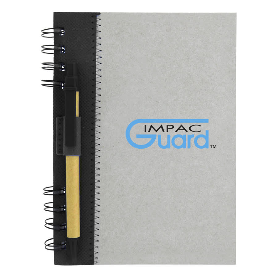 A recycled journal book featuring a grey cover, black spiral binding, and a yellow pen attached. It has a logo on the front.