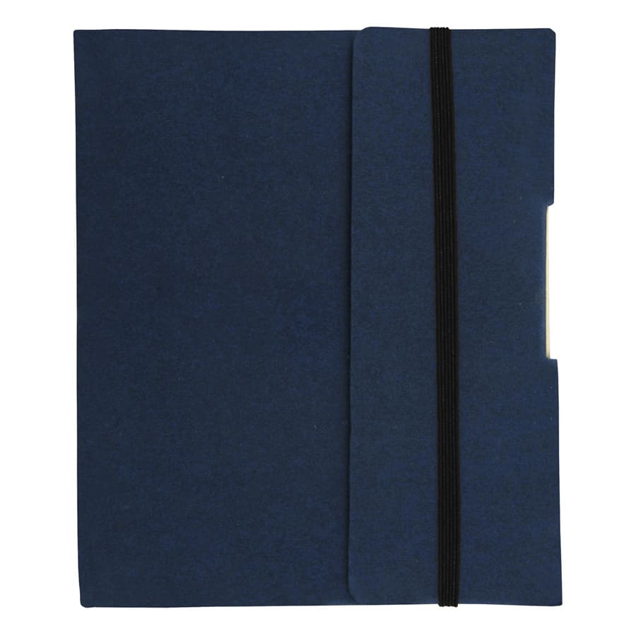 A navy blue Small Tuck Journal Book with an elastic closure and a logo on the front.