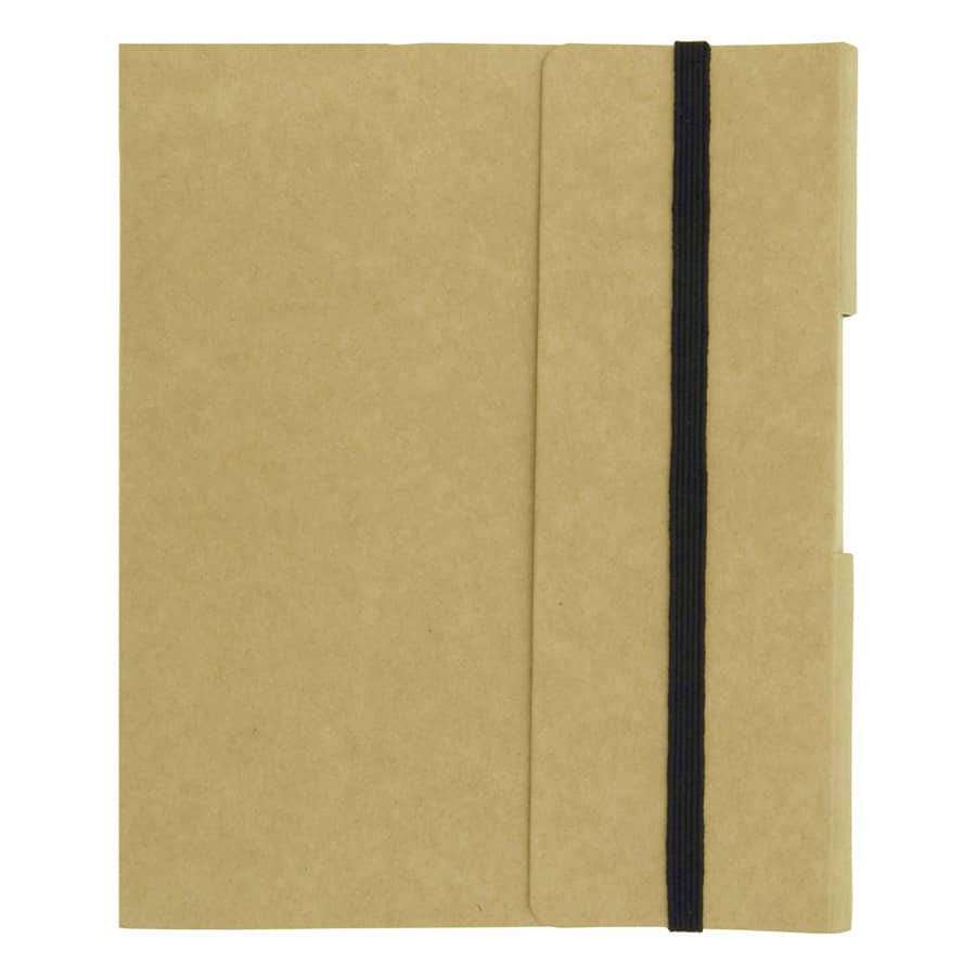 A small, kraft paper journal with a black elastic band closure and a side pocket for storage.