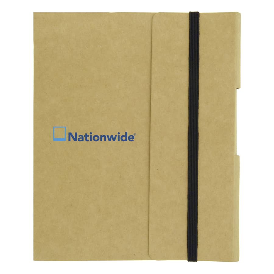 A small brown tuck journal book featuring a black elastic band and a logo on the front cover.