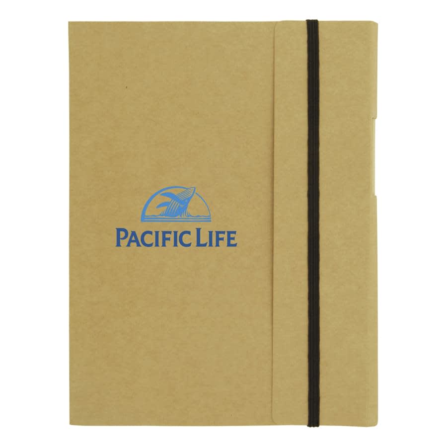 A large A5 journal book in a brown cover with an elastic band closure, featuring a logo.