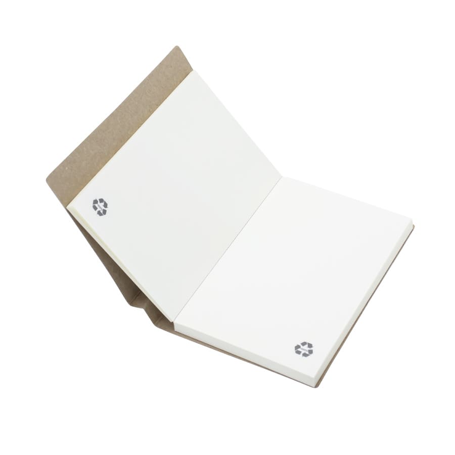 A recycled notebook with a brown cover and white pages, featuring a logo on the front and the inner pages.