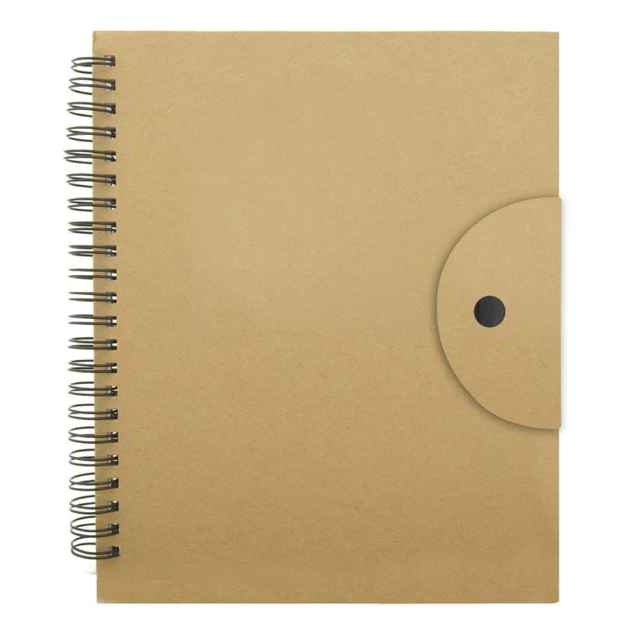 A kraft-coloured spiral-bound notebook with a circular button closure and a textured cover.