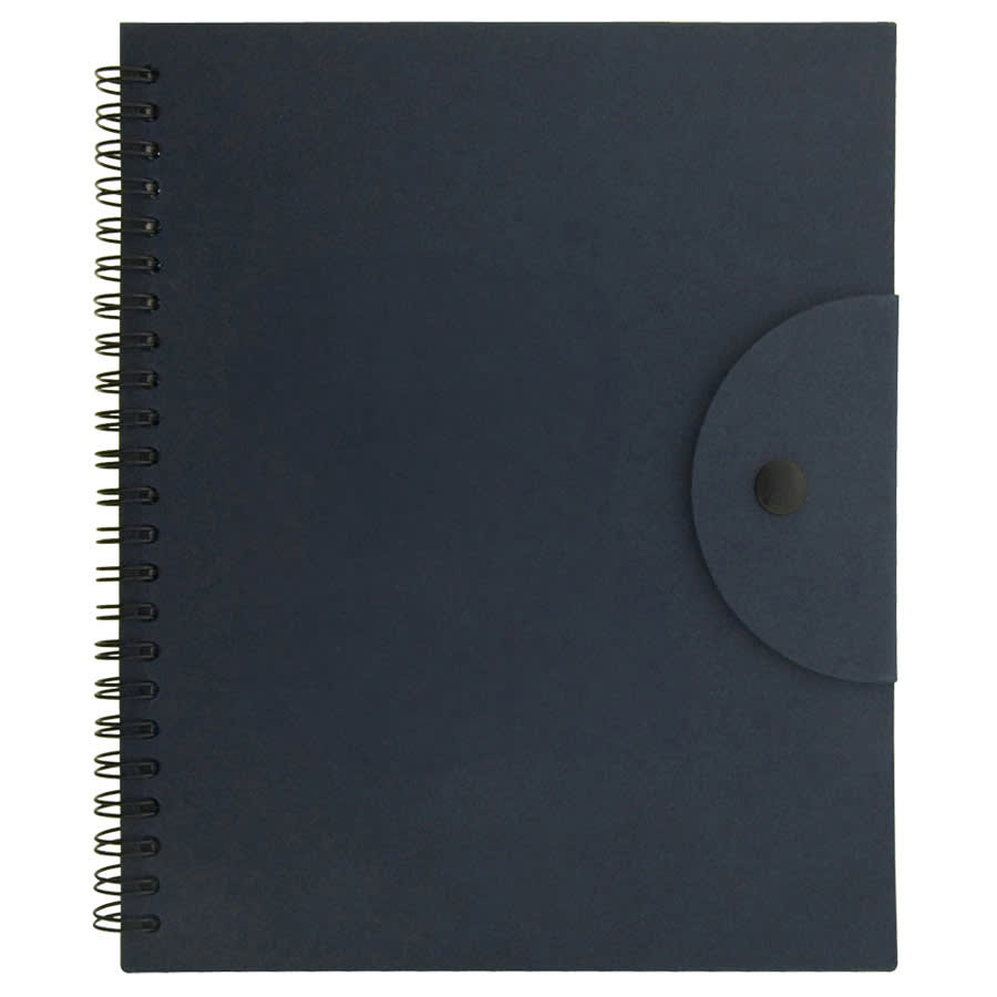 A navy notebook with a spiral binding and a flap closure, featuring a logo on the front.