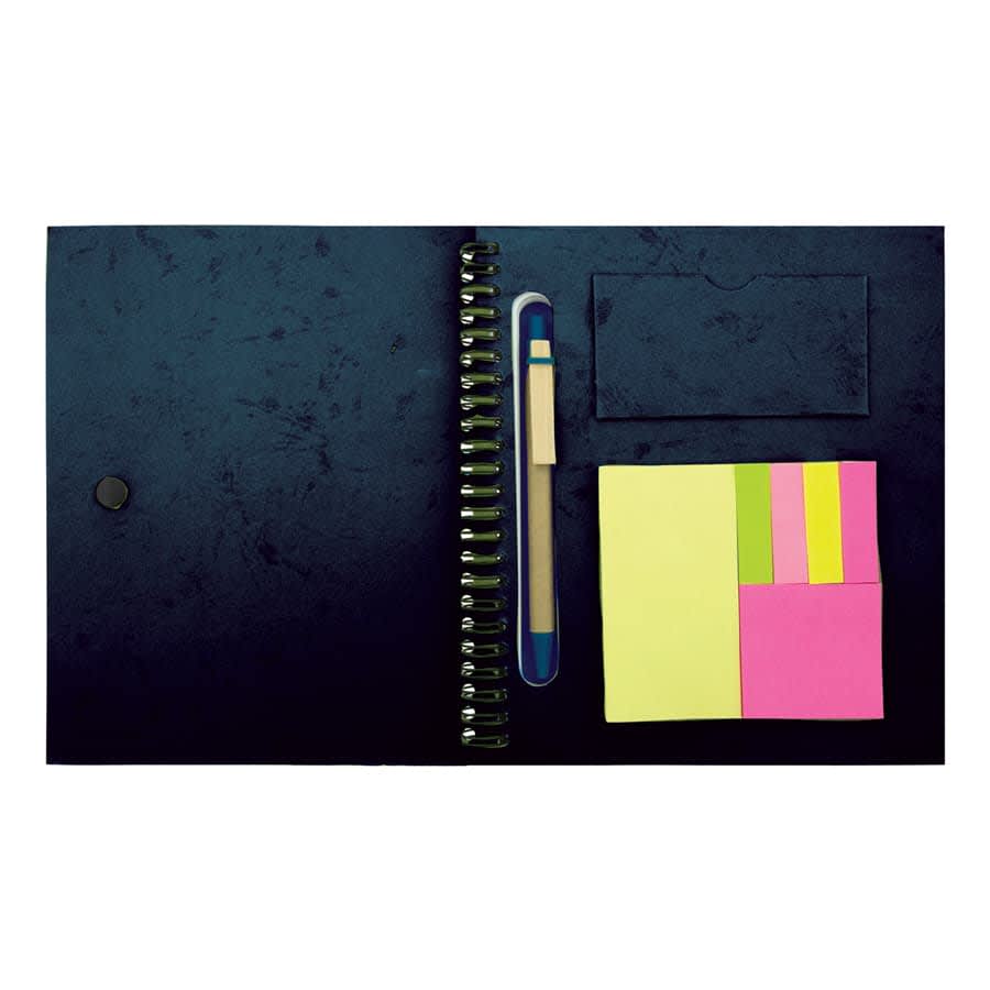 A navy notebook with a spiral binding, a pen, and colourful sticky notes in pink and yellow. Features a logo.