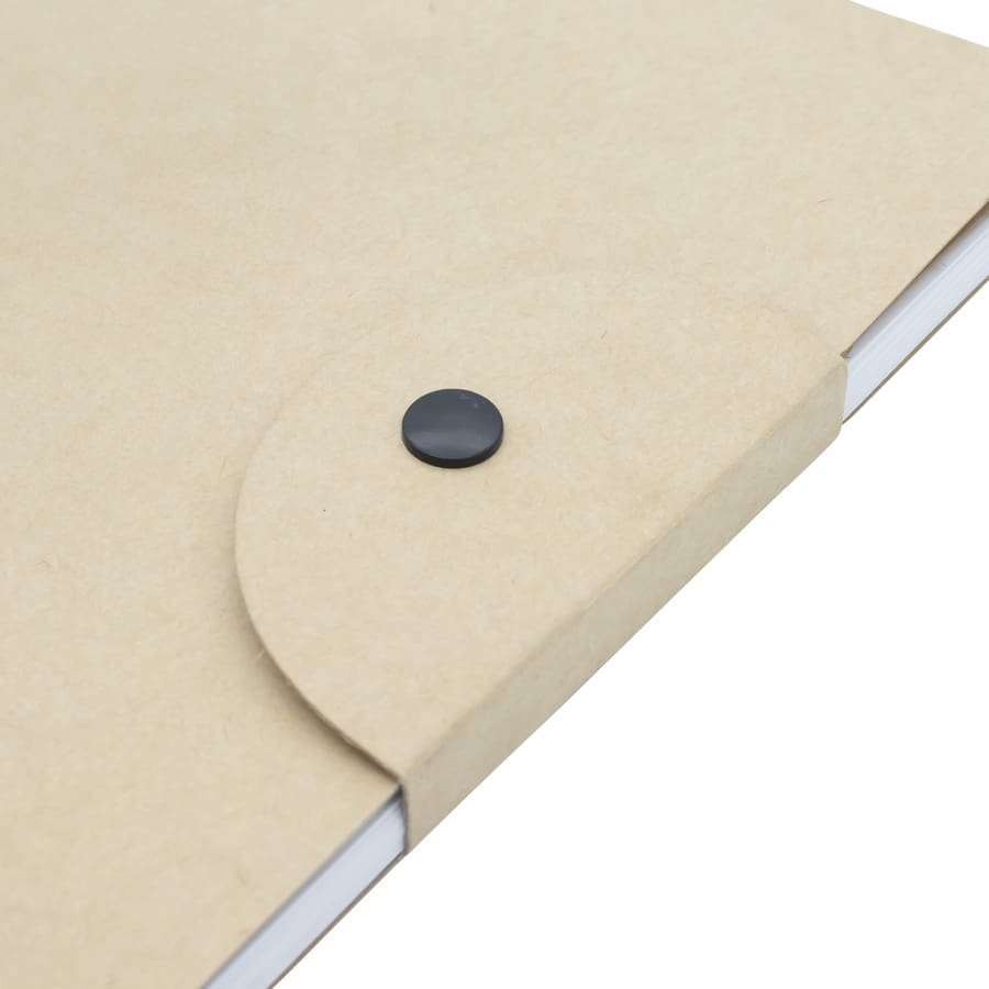 A notebook with a natural brown cover, featuring a black fastener, suitable for office use.