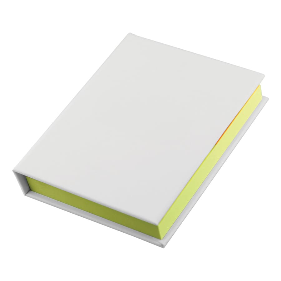 A white adhesive note book featuring bright yellow sticky notes, displayed at an angle. Contains a branding logo.