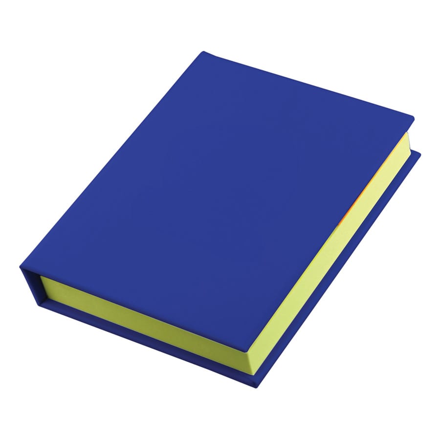 A blue adhesive note book with bright yellow sticky notes inside, featuring a sleek design and a logo.