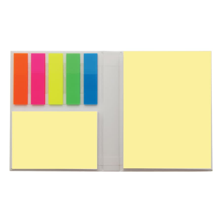 A sticky note book featuring bright coloured sticky notes in pink, green, blue, orange, and yellow pads.