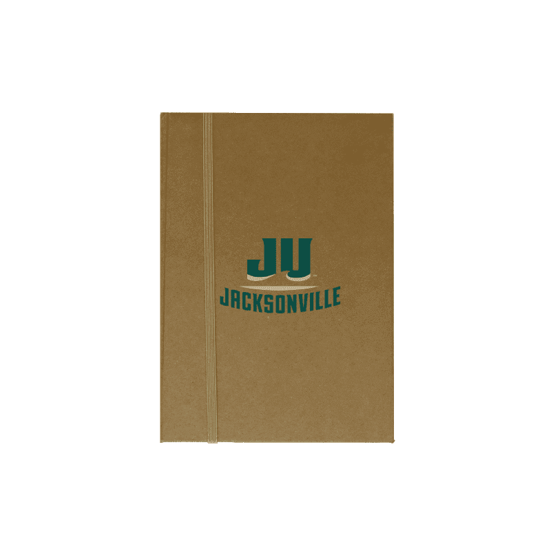A beige A5 notepad with a logo on the cover and an elastic band closure.