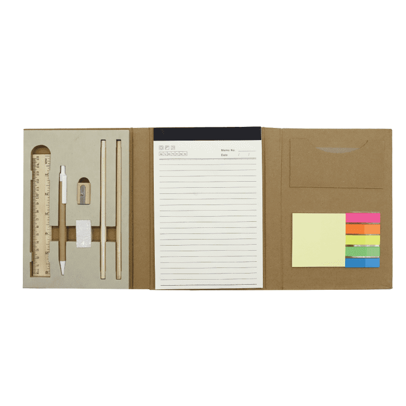An A5 notepad in a kraft folder, featuring stationery items like a ruler, pencils, and sticky notes in various colours.