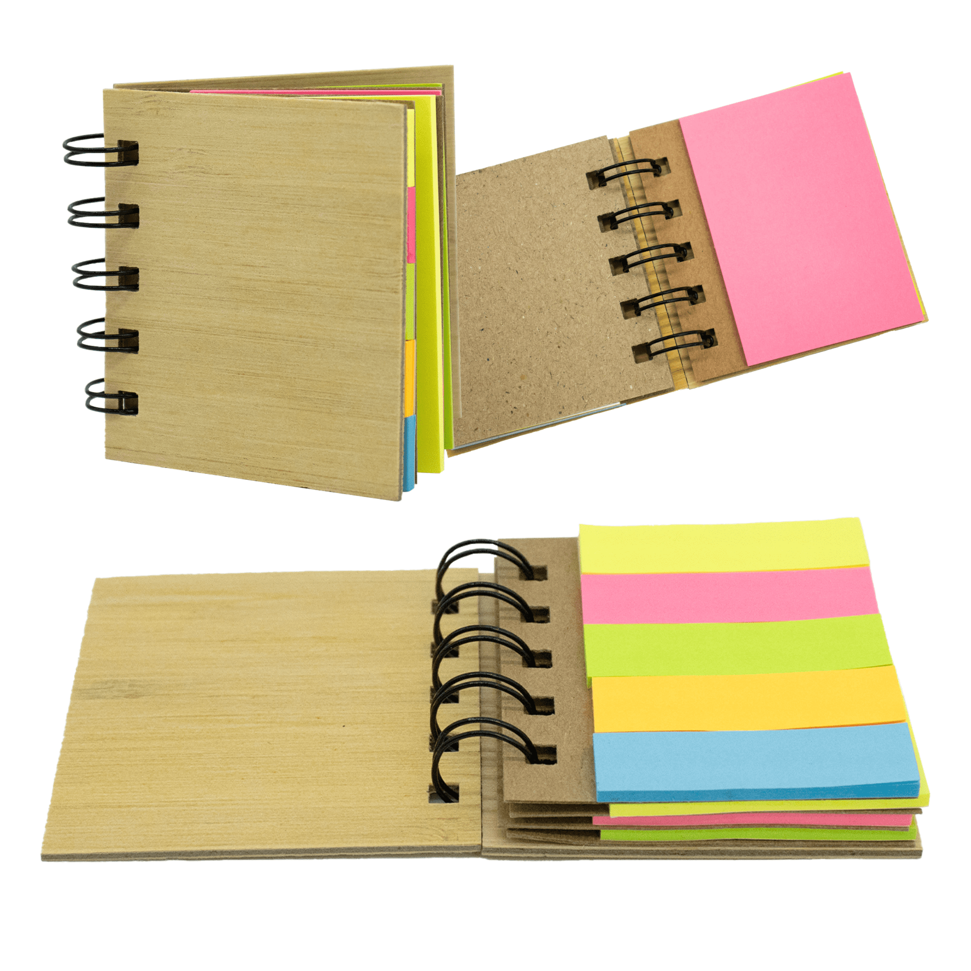 A Mini Bamboo Sticky Note Set featuring a wooden cover and assorted sticky note colours, including pink, green, and yellow.