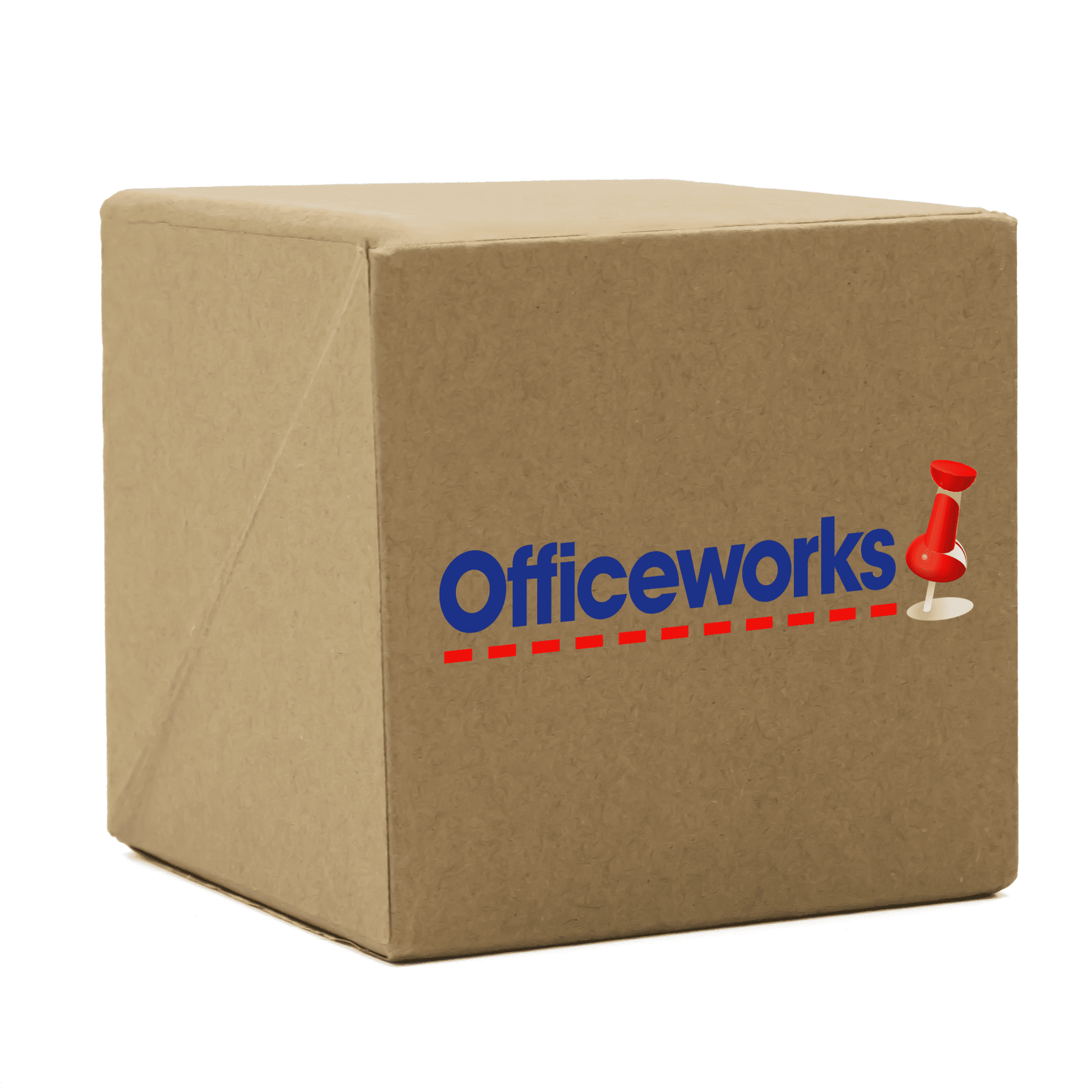 A brown cardboard box with a logo, featuring an office pin and a clipboard design.