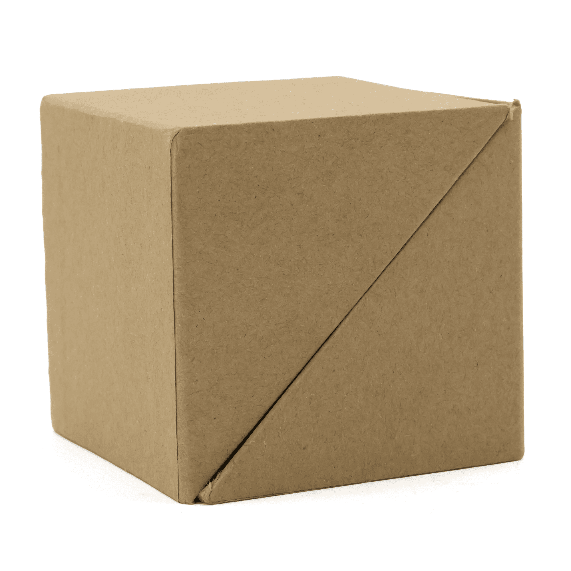 A brown cardboard cube with a diagonal fold, designed for packaging office supplies. It features a simple, unmarked appearance.