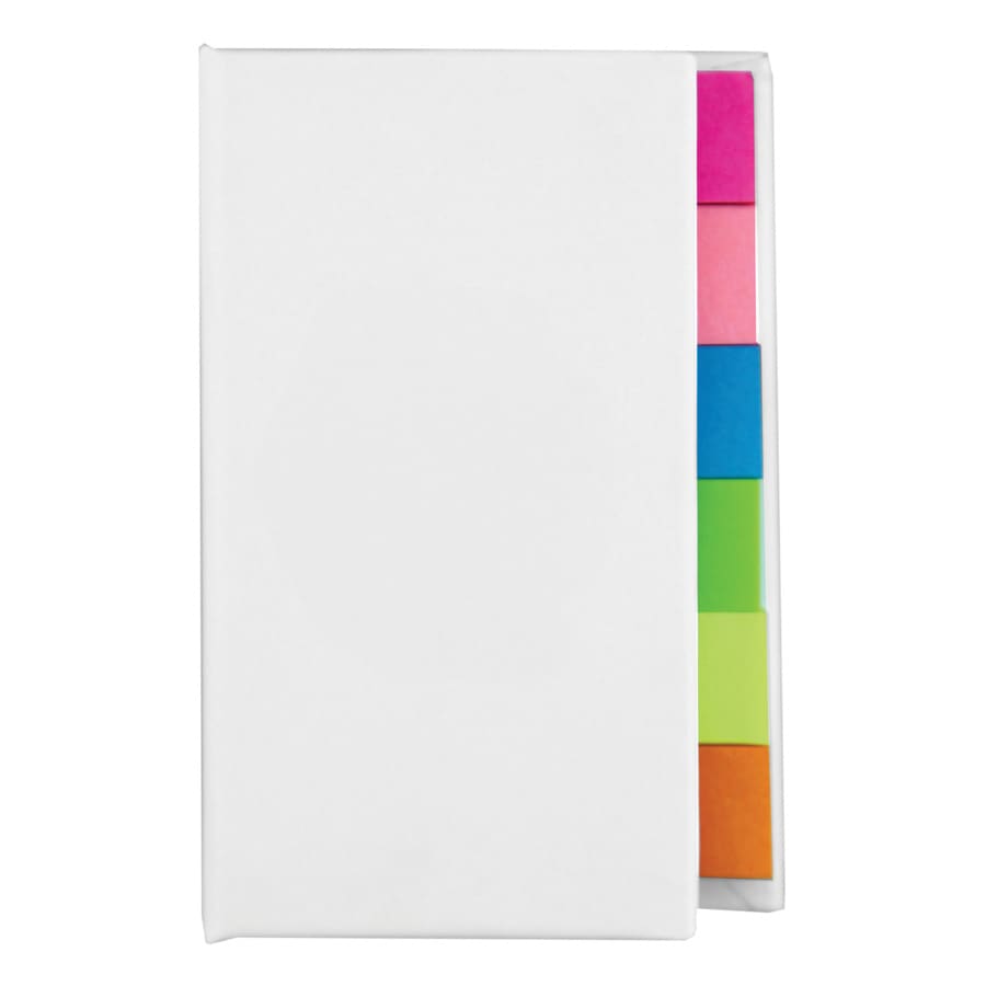 A white book with multiple sticky note strips in pink, blue, green, and orange.