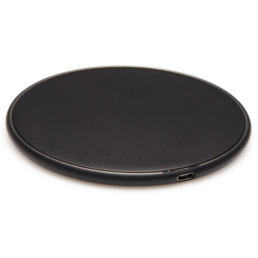 A black round wireless charging dock with a smooth surface and a USB-C port. It features a logo on the design.