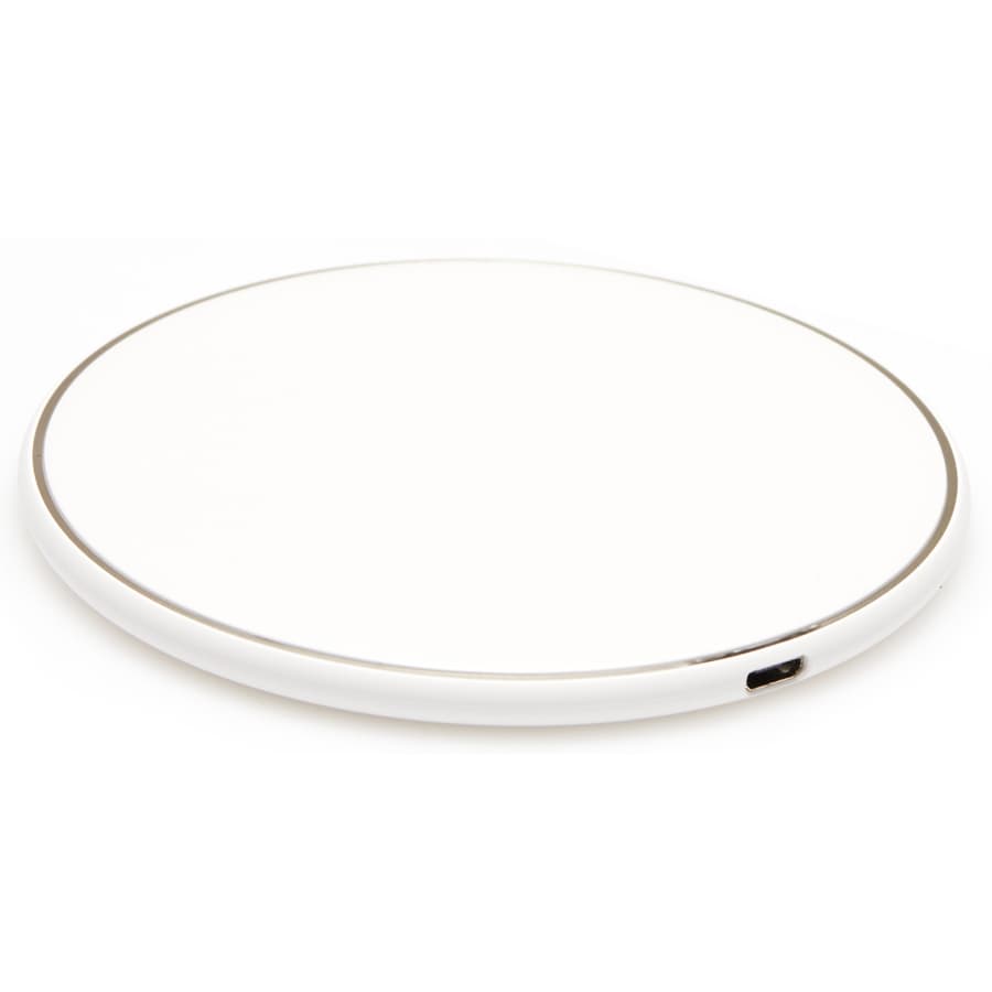 A round wireless charging dock in white with a grey edge, featuring a USB-C port. Includes a logo on the base.