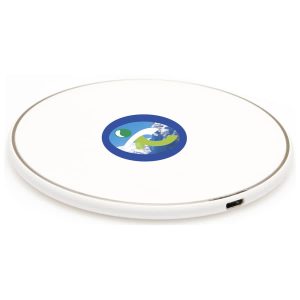 A round white wireless charging dock featuring a logo in the centre and a USB-C port on the side.