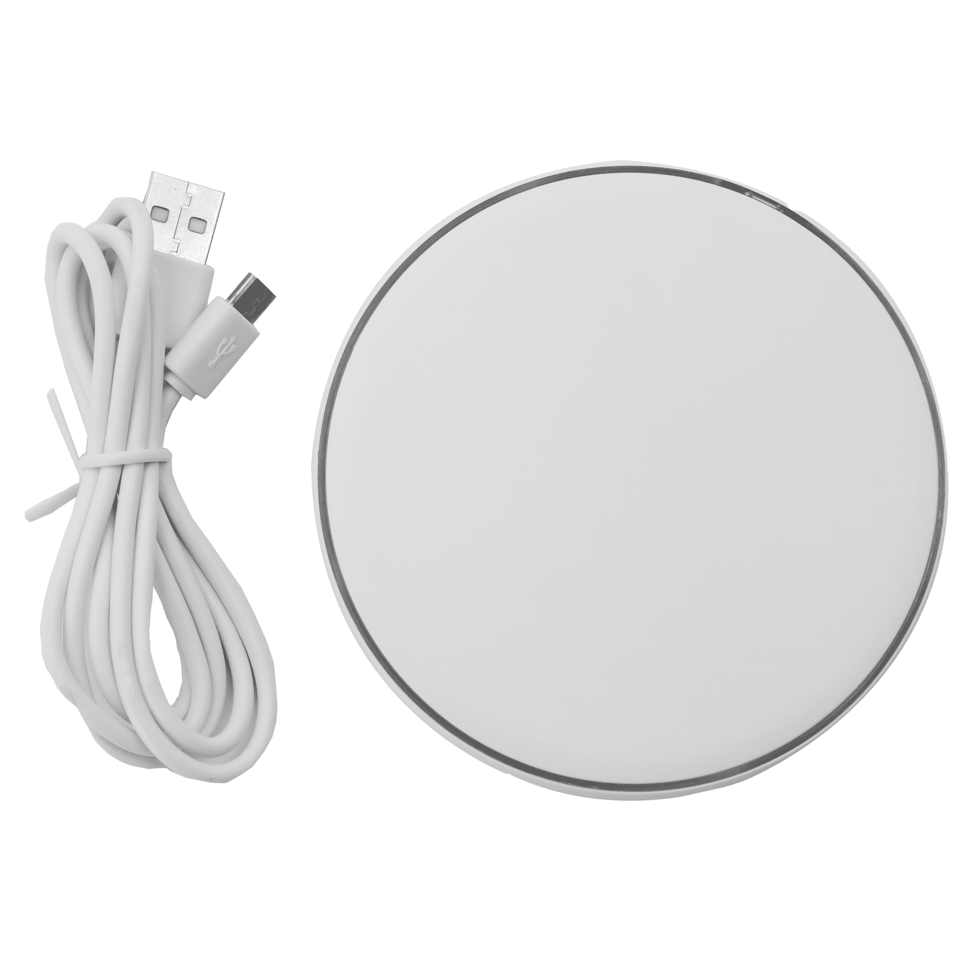 A round white wireless charging dock with a matching white USB charging cable. It features a logo on the surface.