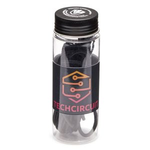 A clear container featuring a black 3 in 1 charging cable, with a logo and a black lid.