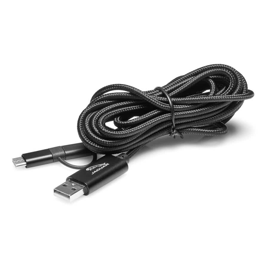 A black 3 in 1 charging cable with braided texture, featuring multiple connectors and a logo on the connector.