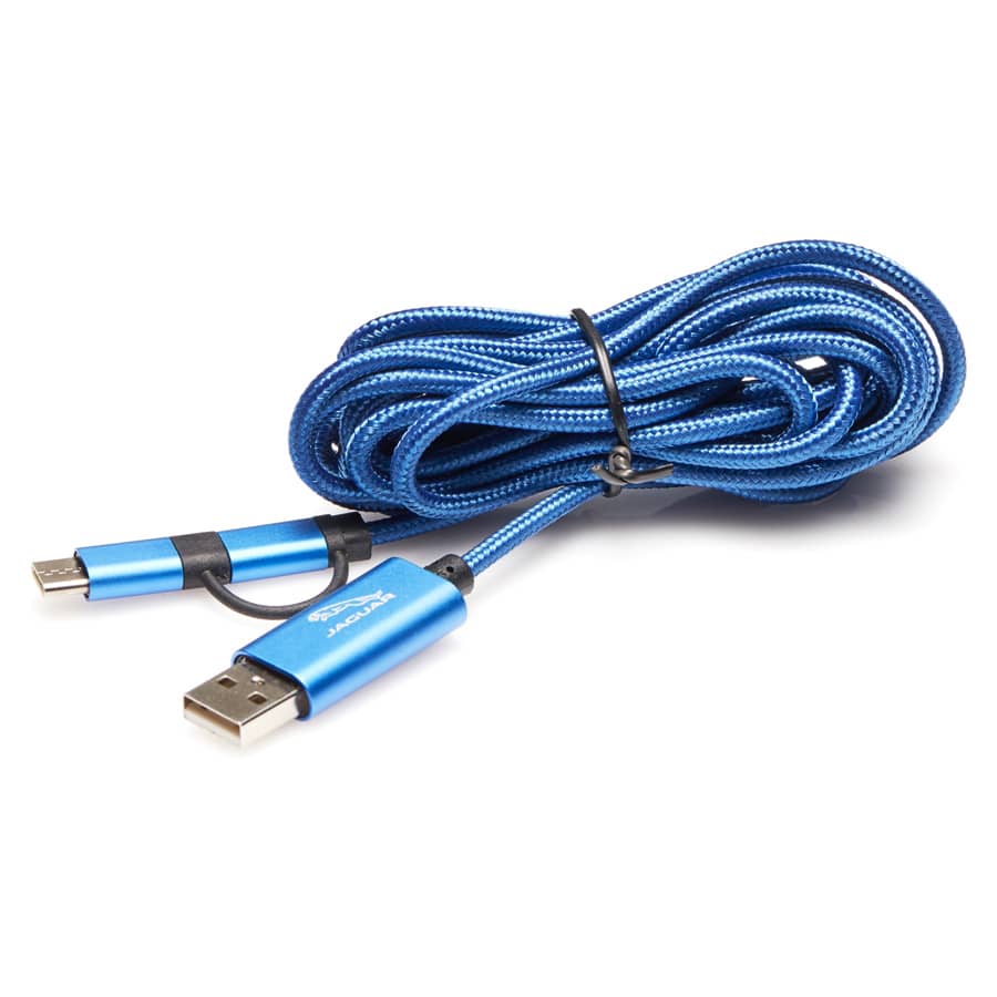 A blue 3 in 1 charging cable with a braided design, featuring a USB connector and multiple tips. It has a logo.