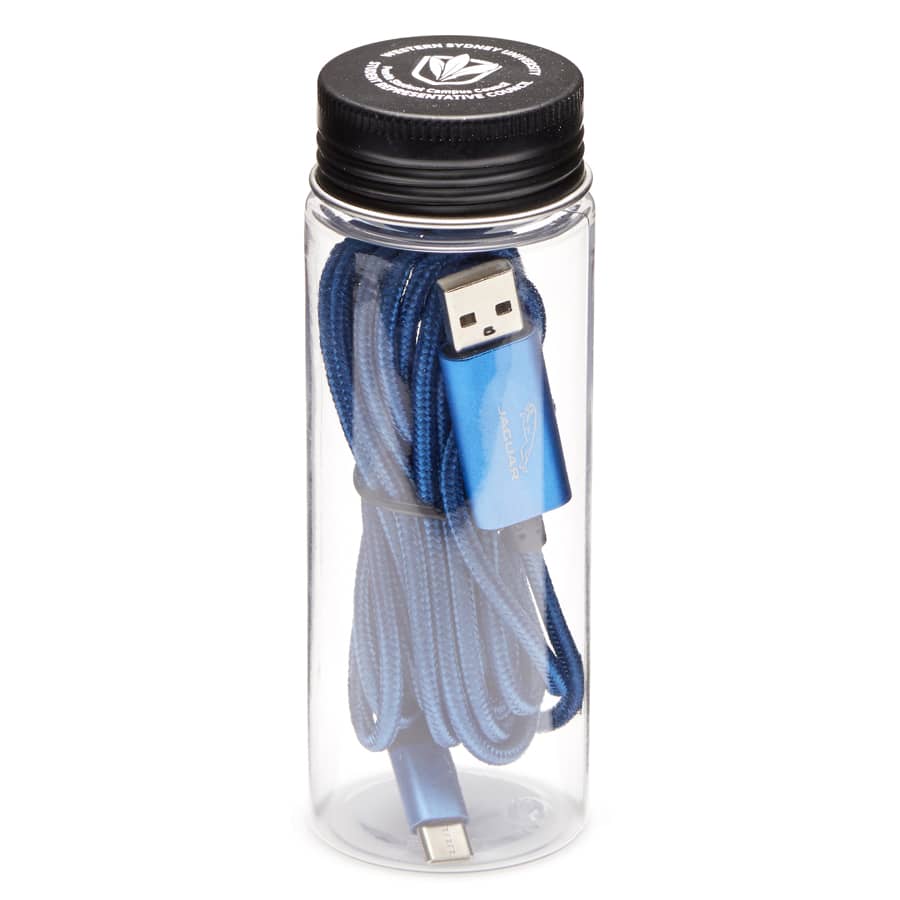 A transparent container holding a blue 3 in 1 charging cable with a USB connector and additional ends.