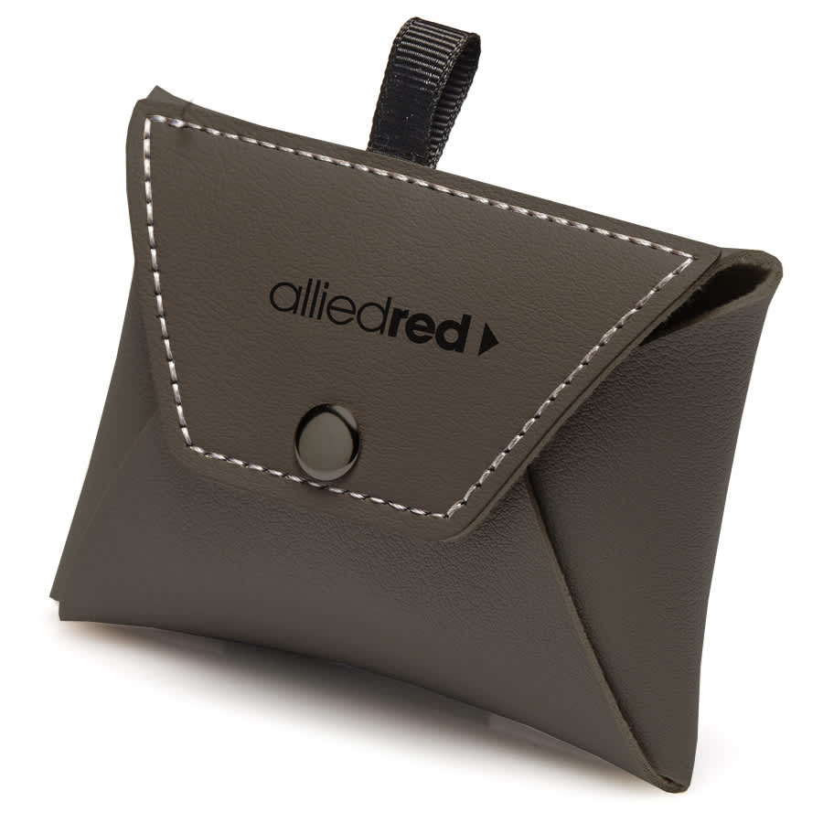 A dark green charging envelope with a snap closure and a branding logo on the front.