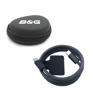 A textured black charging cable with a grey woven design, accompanied by a round black carrying case with a logo.
