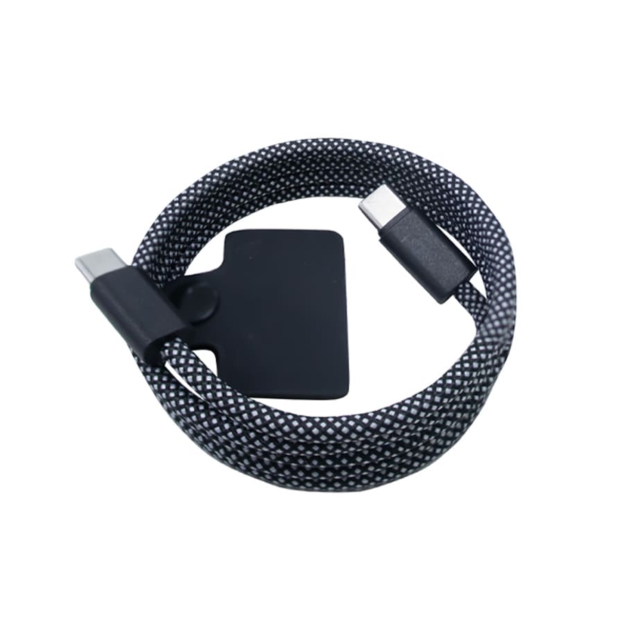 A braided black and white charging cable with USB-C connectors, featuring a built-in cable organiser.