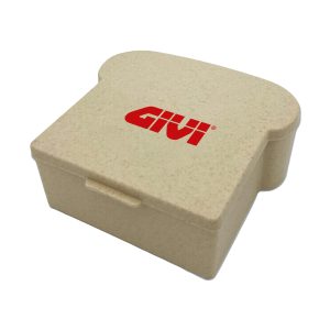 A beige lunch box shaped like a slice of bread, featuring a logo on the front.