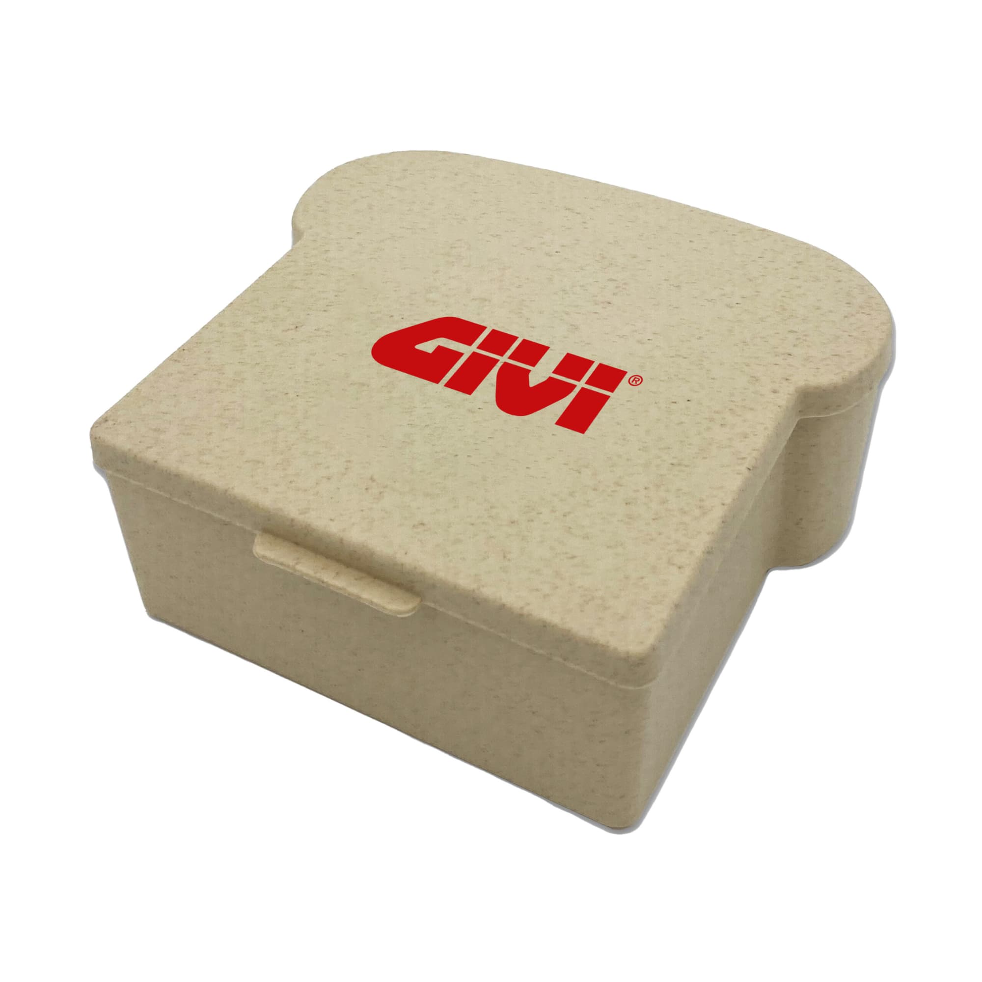 A beige lunch box shaped like a slice of bread, featuring a logo on the front.