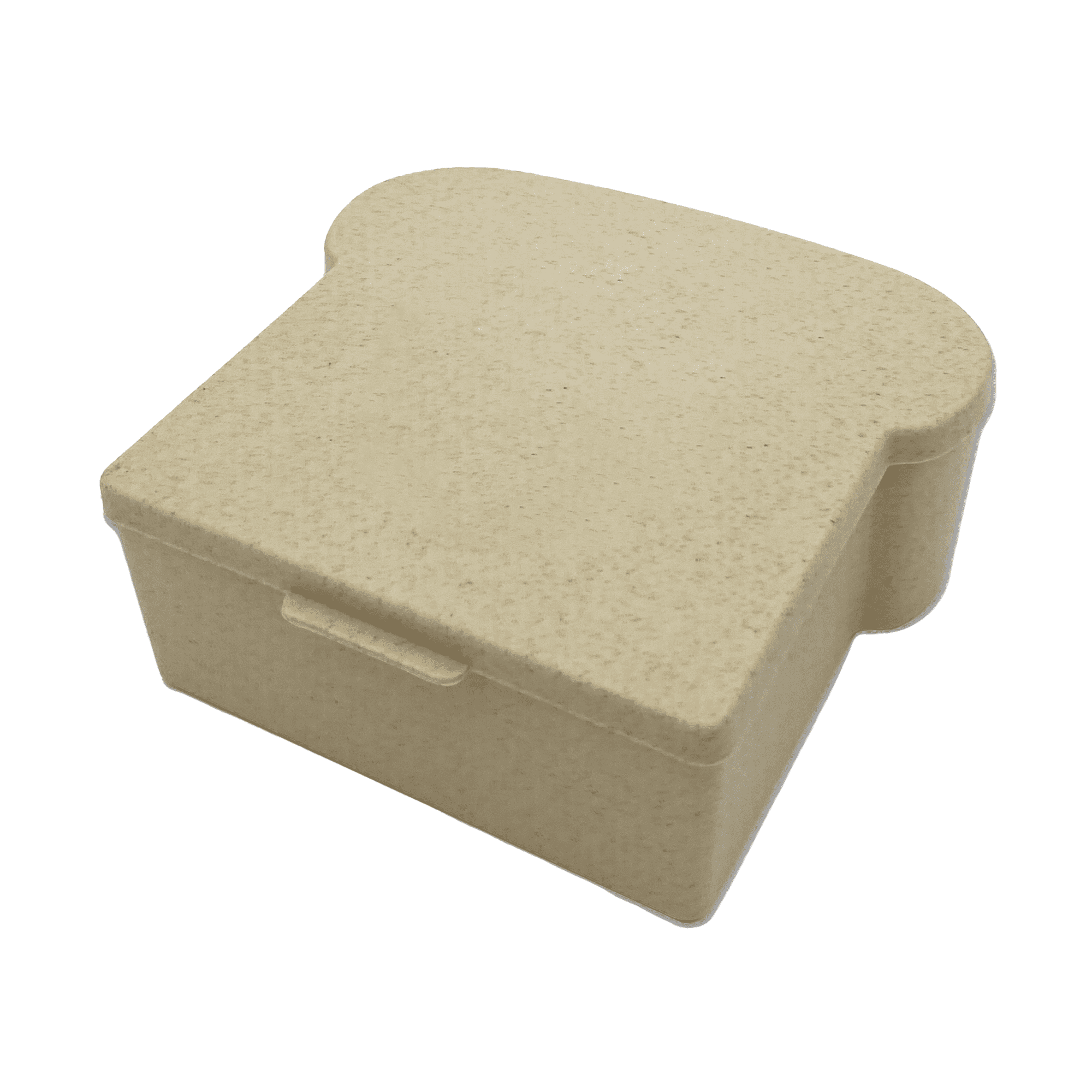 A sandwich box in a beige colour with a rounded top, resembling a slice of bread, featuring a logo.