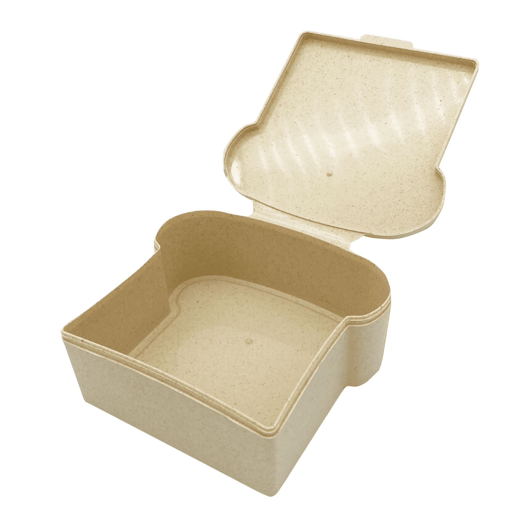 A beige wheat sandwich box with a hinged lid, featuring a smooth interior and rounded corners.