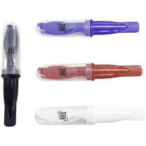 Four promotional "Slice Set" highlighters in black, purple, red, and white with clear caps and branding space.